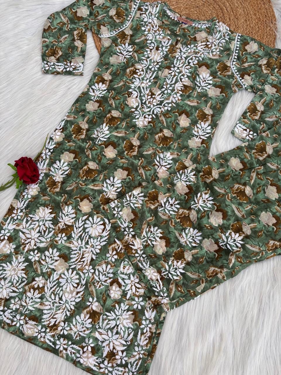 Elena Mulmul Cotton Handwork Chikankari Kurti Set - Dark Green Colour