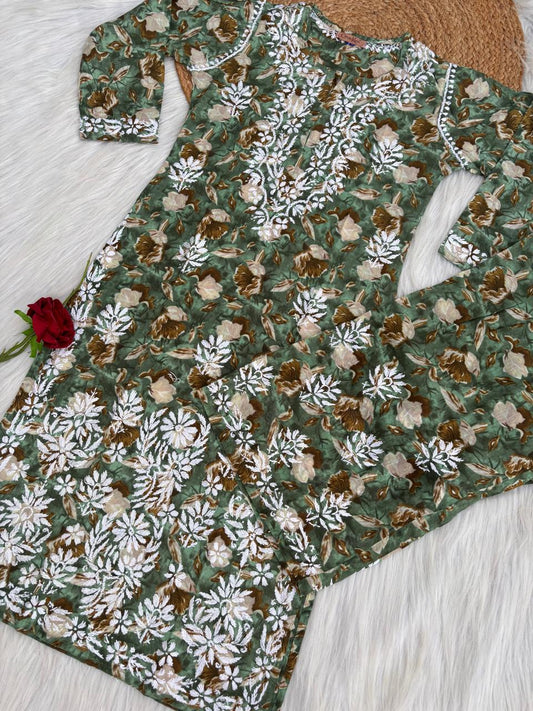Elena Mulmul Cotton Handwork Chikankari Kurti Set - Dark Green Colour