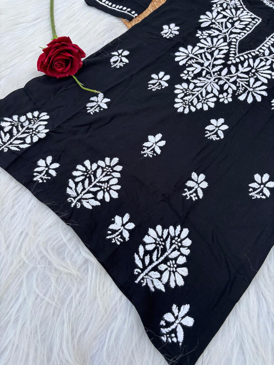 Ina Soft Rayon Handwork Chikankari Short Kurti - Black Colour