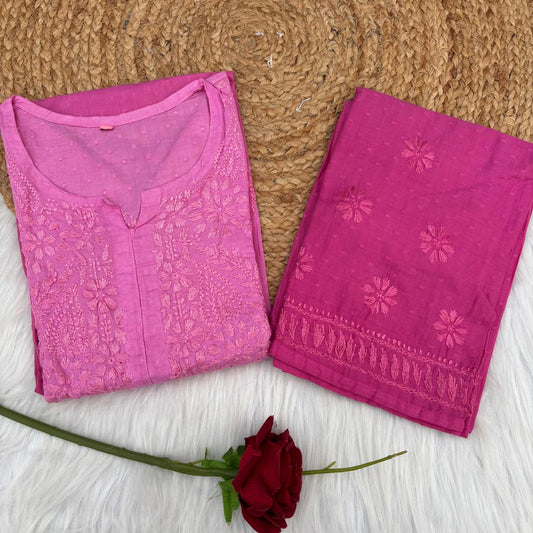 Nuha Dobby cotton Ombre shaded Lucknowi Chikankari Kurti Plazo Set - Pink Colour