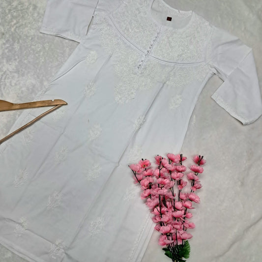 Adiva Pure Cotton Chikankari Handwork Kurti -White Colour