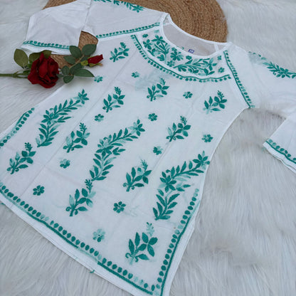 Alia Soft Rayon Chikankari Short Kurti - White Sea Green Color - Chikankaar