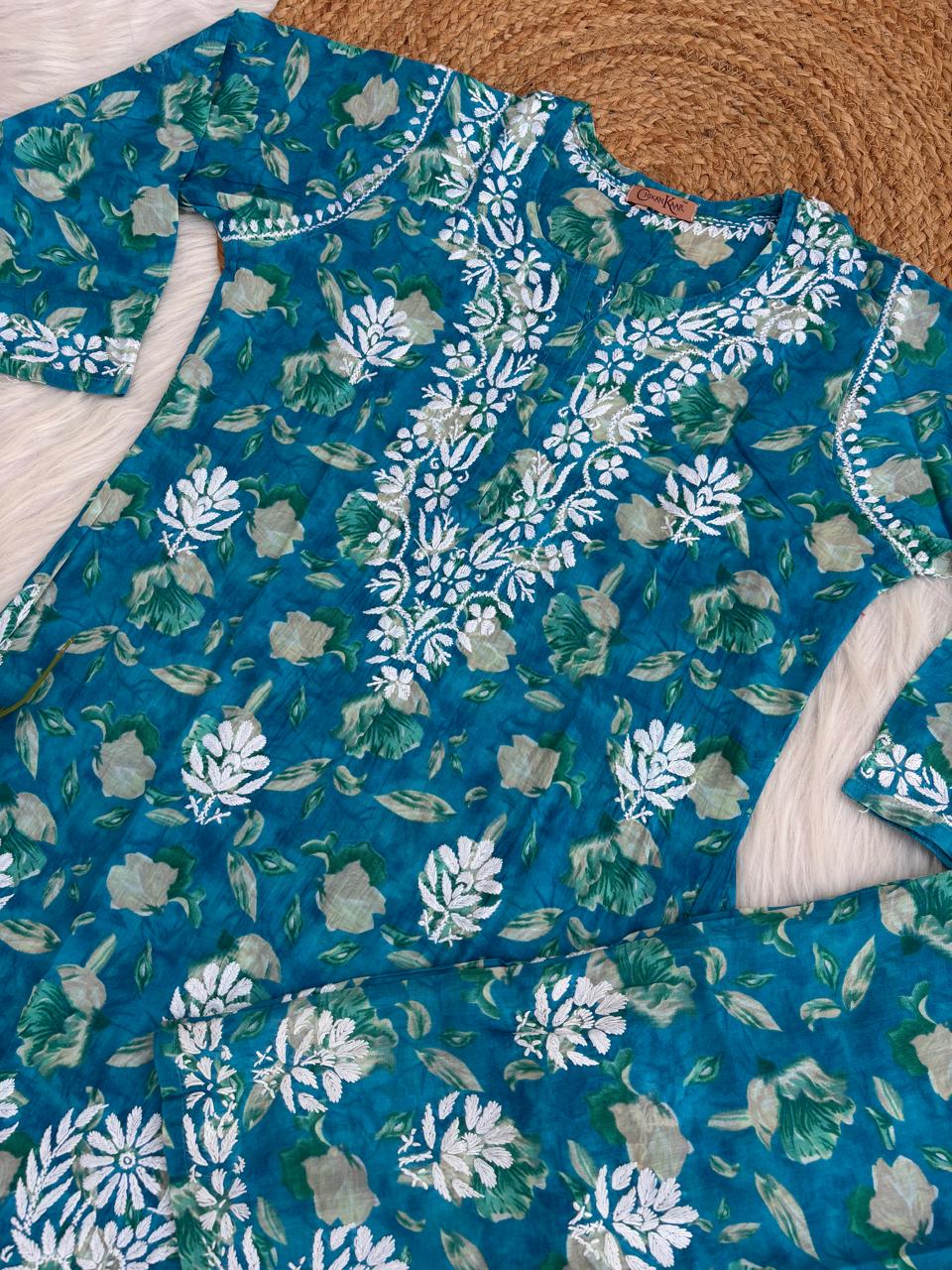 Elena Mulmul Cotton Handwork Chikankari Kurti Set - Blue Colour