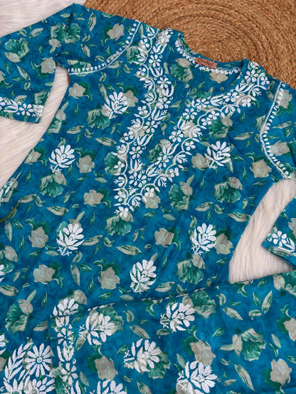 Elena Mulmul Cotton Handwork Chikankari Kurti Set - Blue Colour