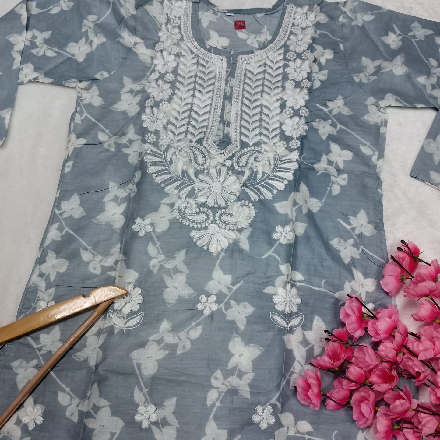 Mulmul Cotton Chikankari Machine Work Kurti - Grey Colour