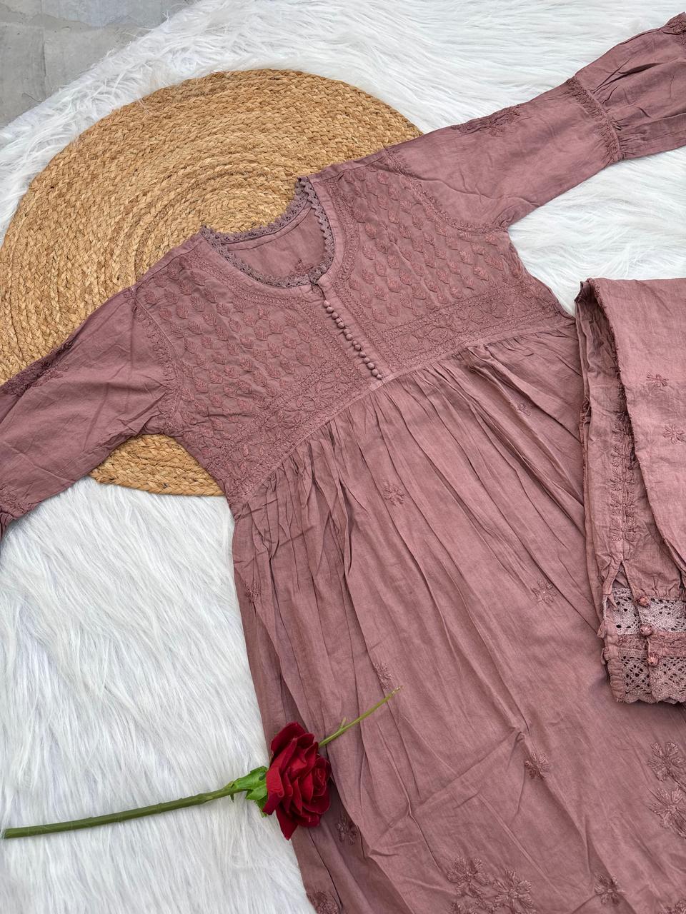 Laila Dobby Cotton Frock Style Short Kurti with Afghani Pant - Brown Color