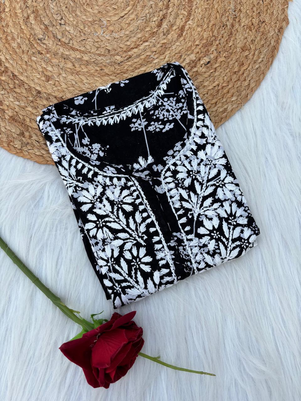 Sidra Pure Mulmul Chikankari Handwork Kurti - Black Colour