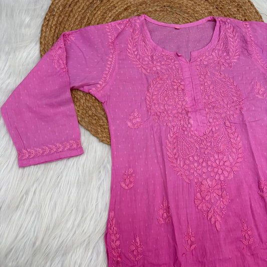Nuha Dobby cotton Ombre shaded Lucknowi Chikankari Kurti Plazo Set - Pink Colour