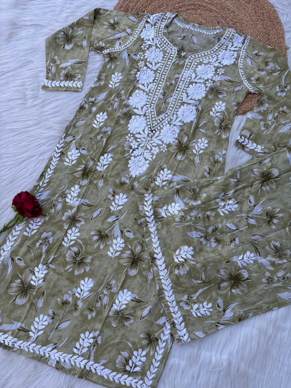 Shazia Mulmul Cotton Chikankari Kurti Set - Dark Green Colour