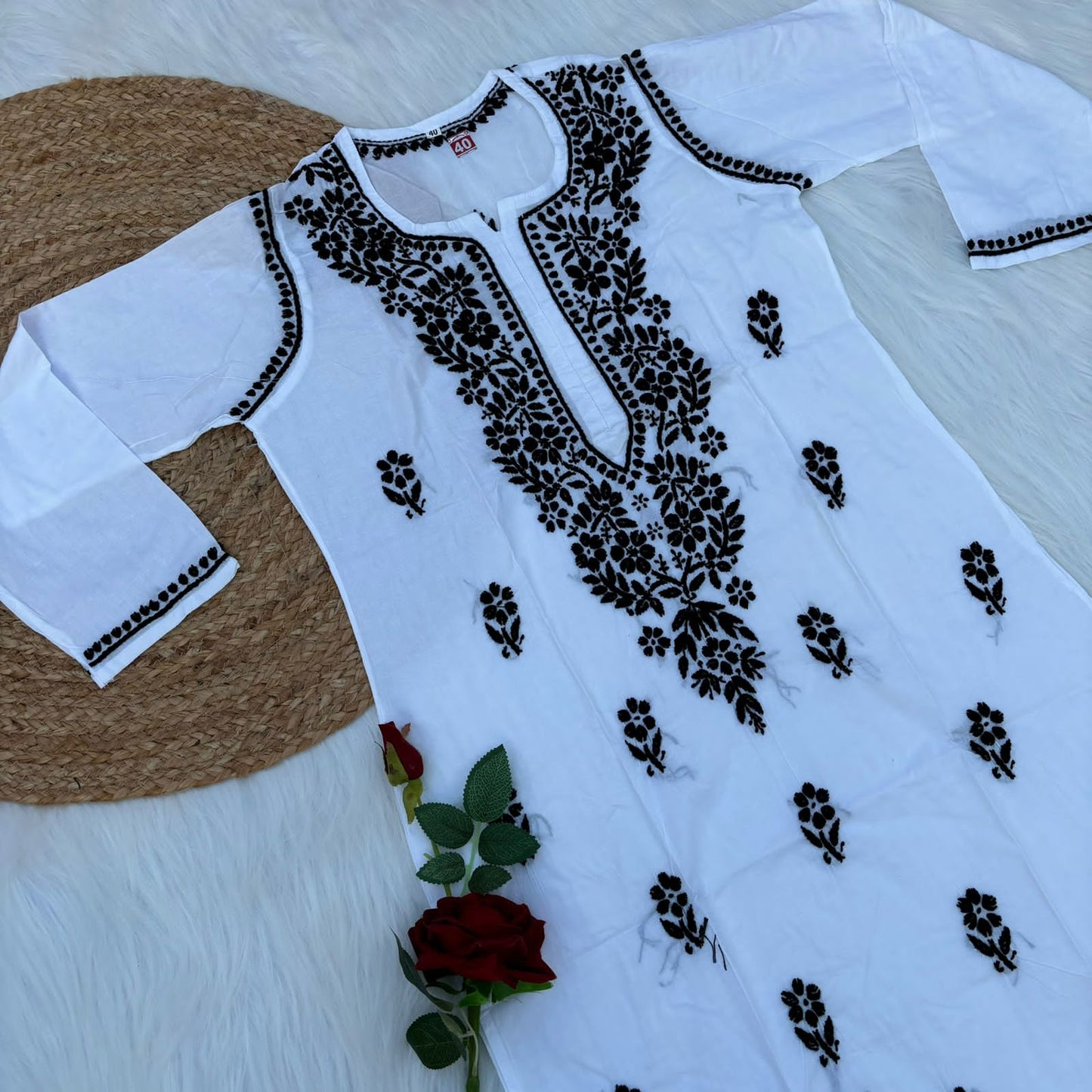 Shazana Pure Cotton Chikankari Kurti - White Black Color