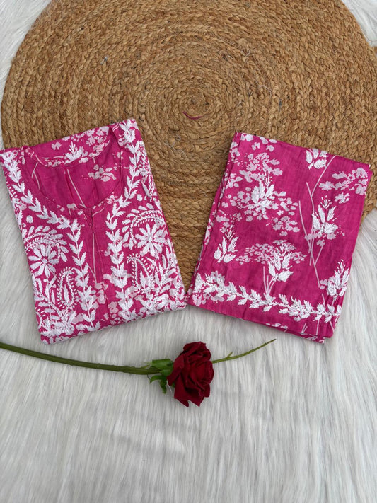 Jiya Mulmul Cotton Handwork Chikankari Kurti Set - Pink Colour