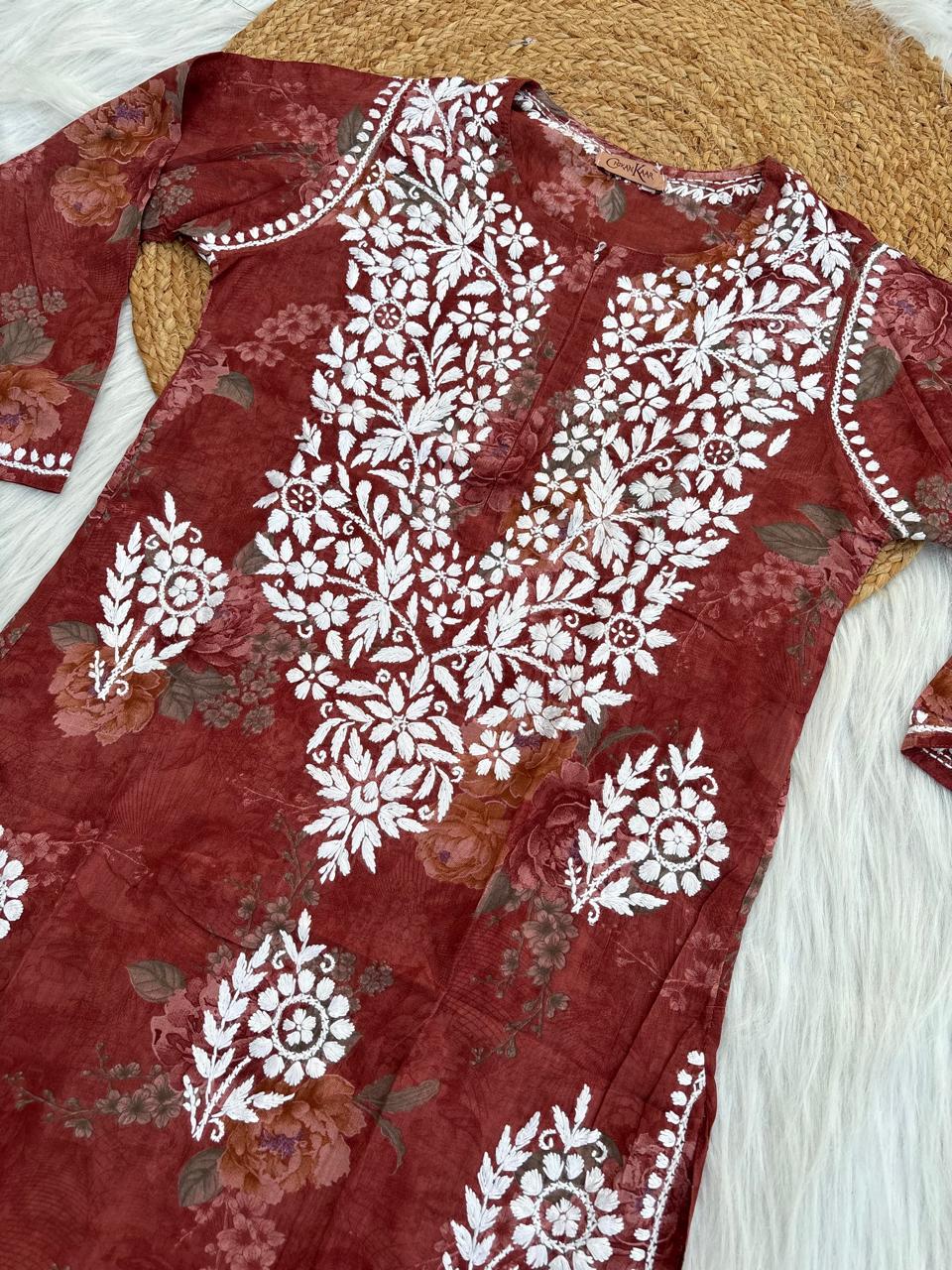 Zaina Pure Mulmul Chikankari Handwork Kurti - Brick Red Colour