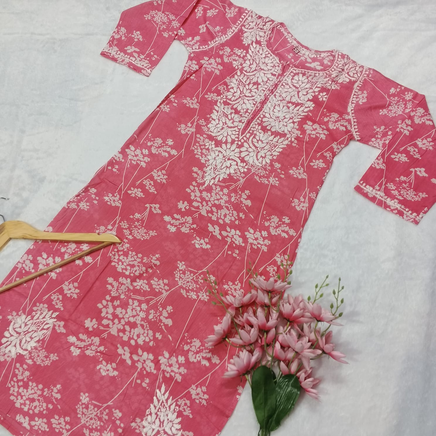 PURE MULMUL PRINTED CHIKANKARI KURTI - PINK COLOUR - chikankaar