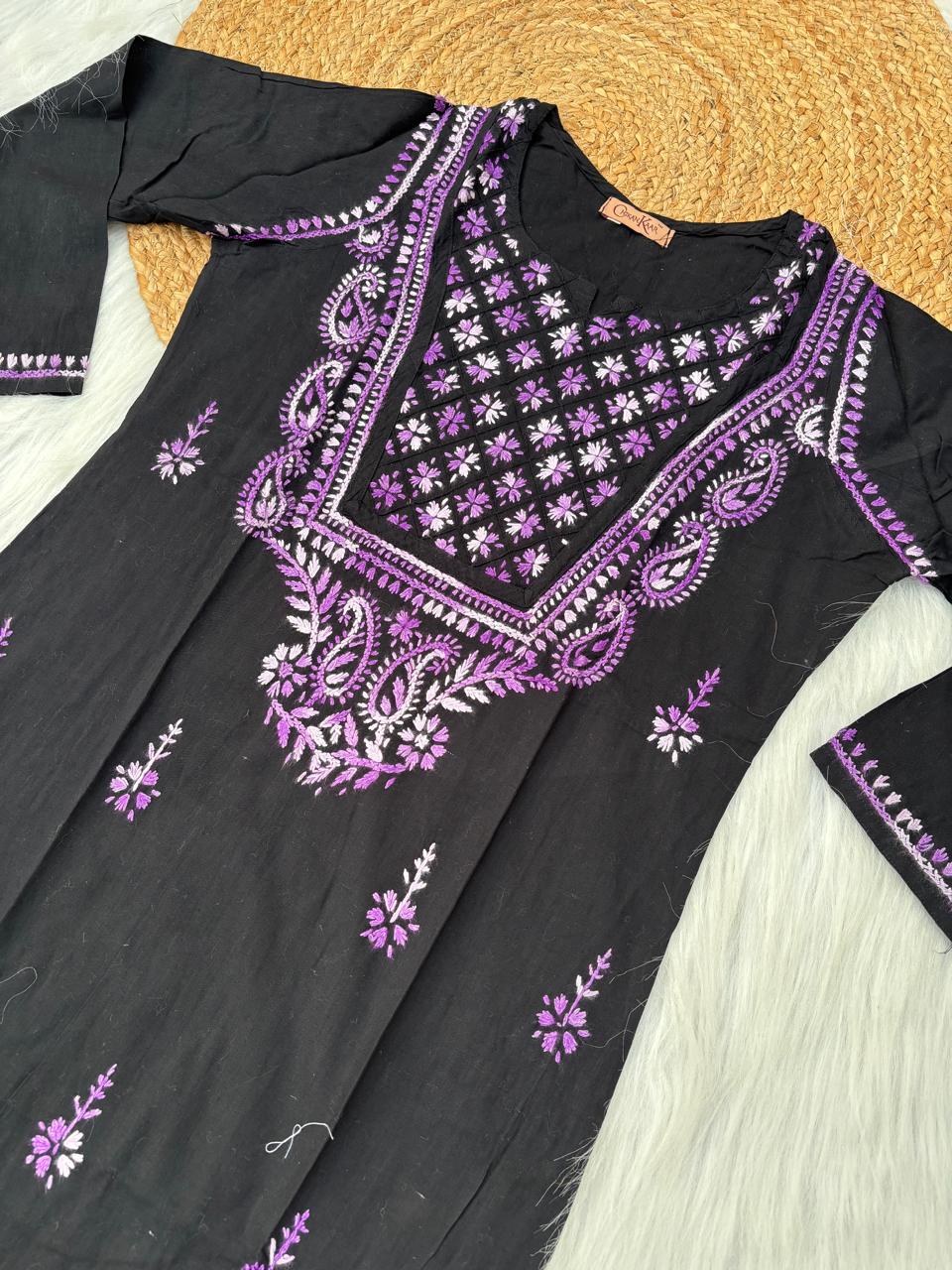 Maryam Handwork Cotton Lucknowi Chikankari Kurti - Purple Color