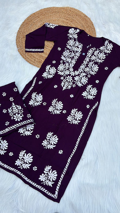 Jannat Soft Rayon Chikankari Kurti Plazo Set -Wine colour - Chikankaar