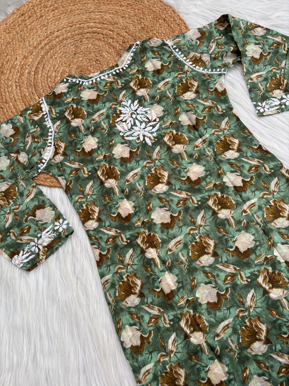 Elena Mulmul Cotton Handwork Chikankari Kurti Set - Dark Green Colour
