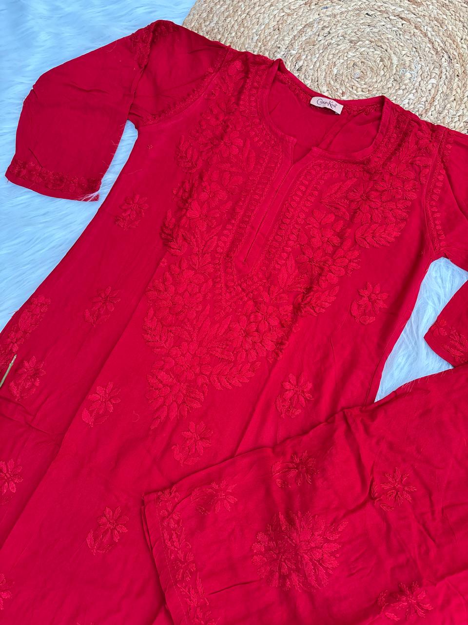 Azra Soft Rayon Dyeable Handwork Chikankari kurti Set - Red Colour