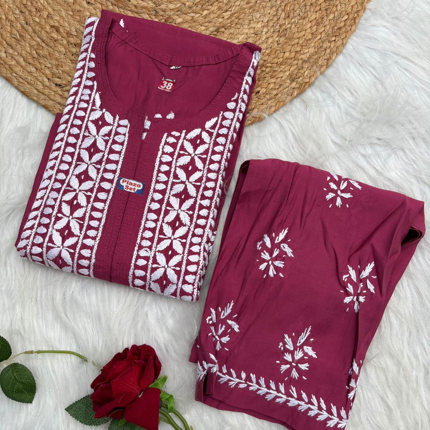 Afana Silk Chikankari Kurti Plazo set Rani Colour