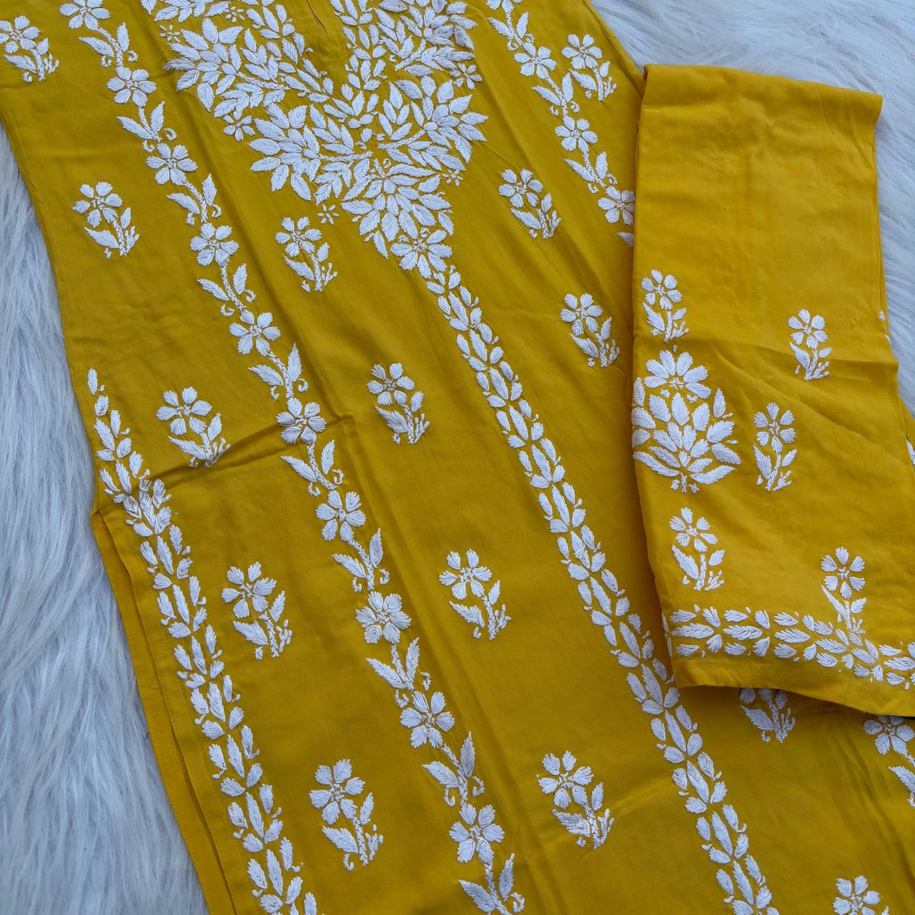 Samara Rayon Handwork Chikankari Kurti Plazo Set - Yellow Colour