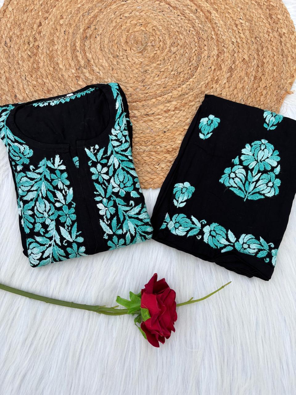 Rida Rayon Handwork Chikankari Kurti Set- Sea Green Colour