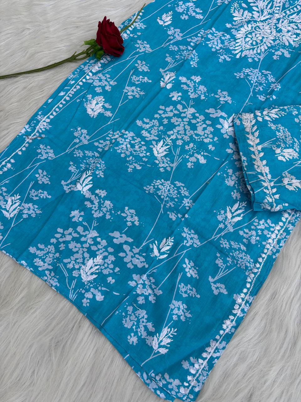 Jiya Mulmul Cotton Handwork Chikankari Kurti Set - Blue Colour