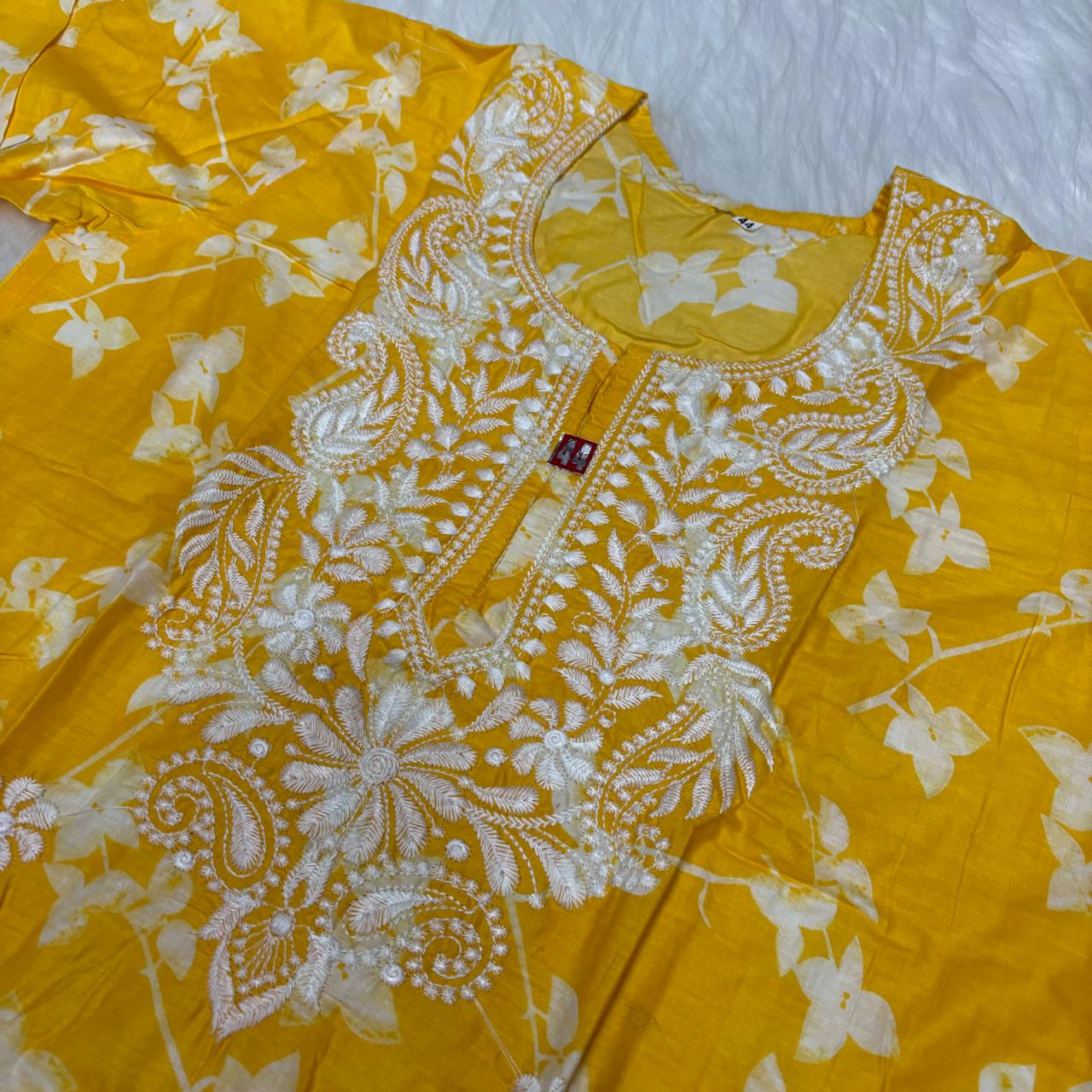 Mulmul Cotton Chikankari Machine Work Kurti - Yellow Colour