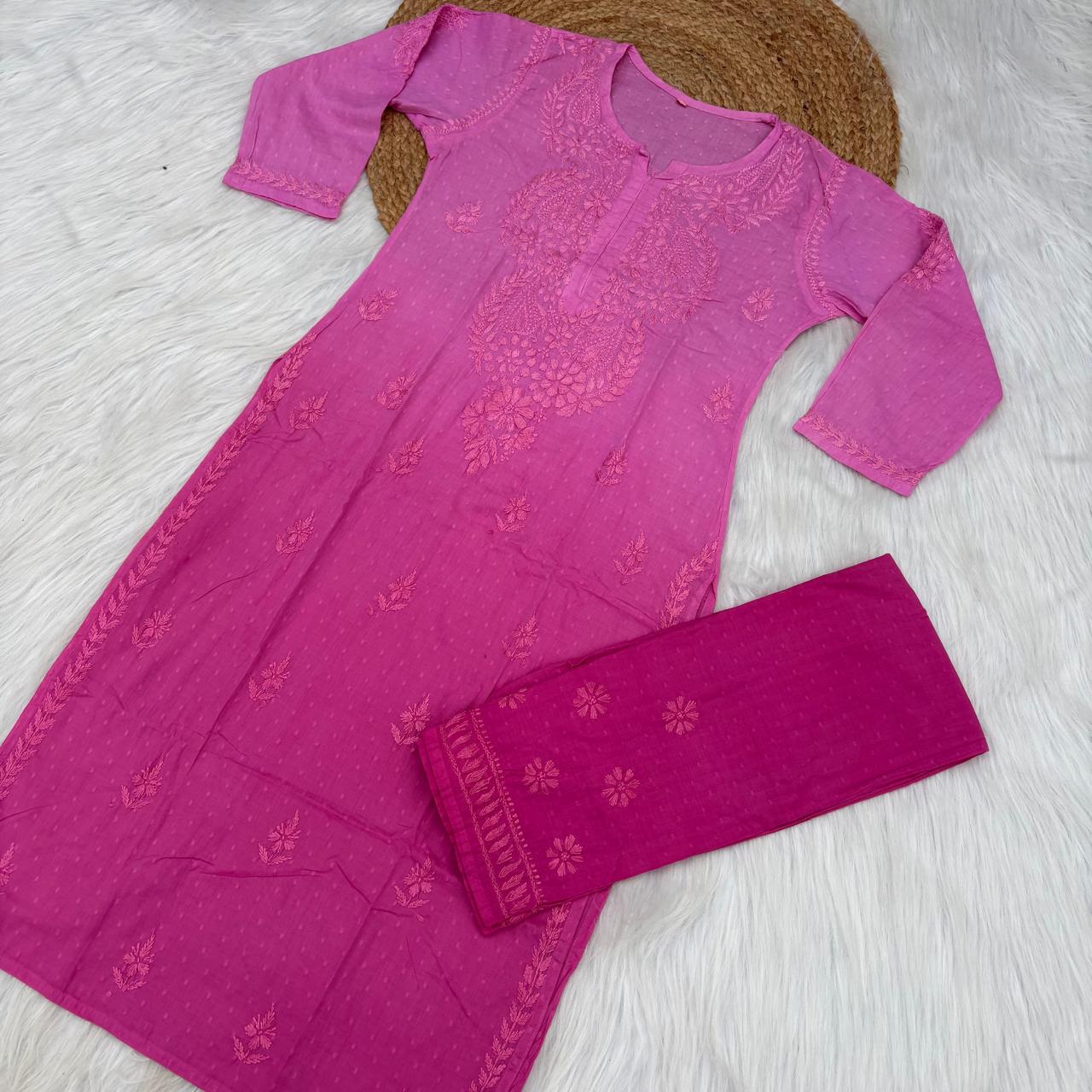 Nuha Dobby cotton Ombre shaded Lucknowi Chikankari Kurti Plazo Set - Pink Colour