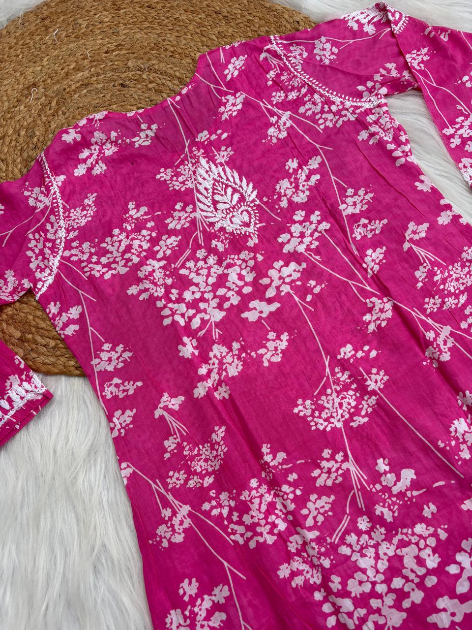 Jiya Mulmul Cotton Handwork Chikankari Kurti Set - Pink Colour