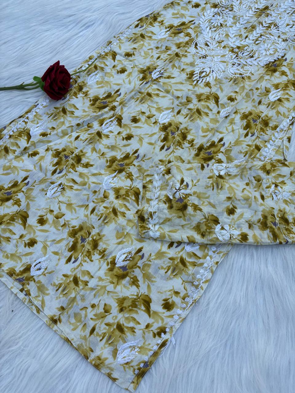 Hadaya Mulmul Cotton Chikankari Kurti Set - Green Colour