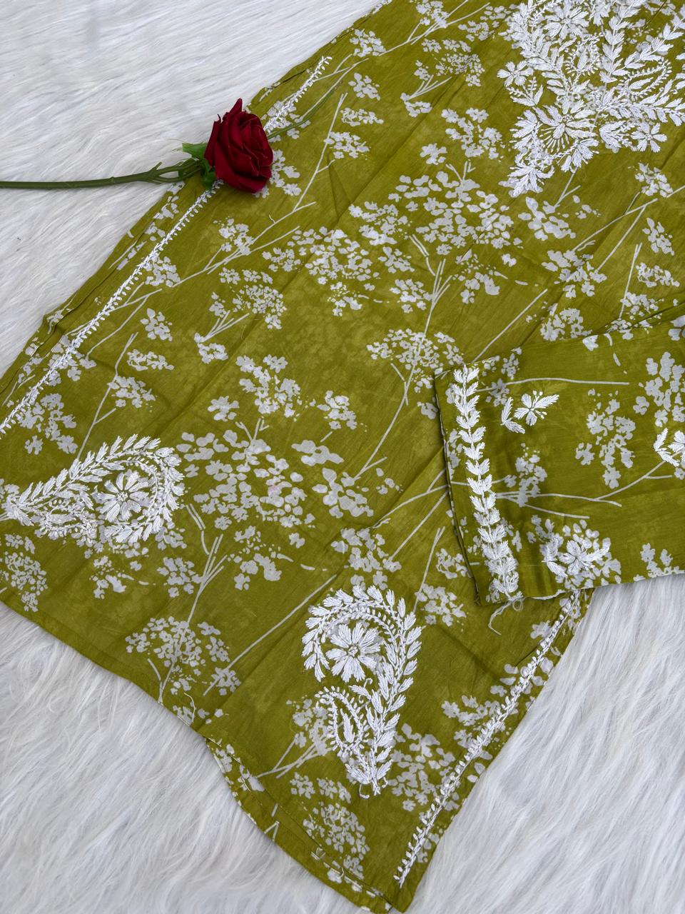 Jiya Mulmul Cotton Handwork Chikankari Kurti Set - Green Colour