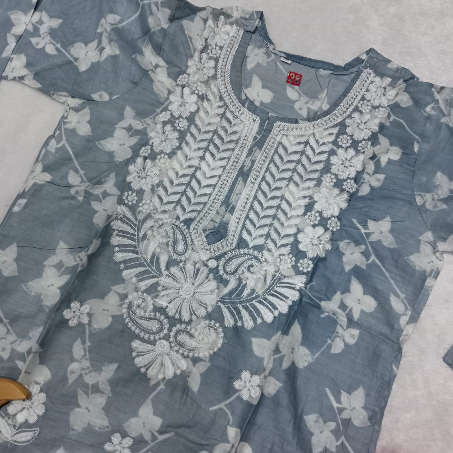 Mulmul Cotton Chikankari Machine Work Kurti - Grey Colour