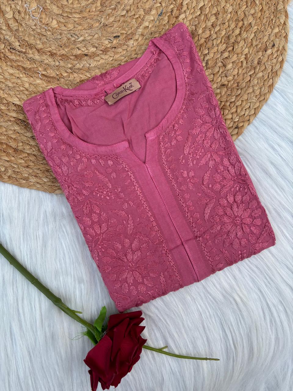 Rabab Dyeable Soft Rayon Handwork Chikankari Kurti - Mauve Pink Colour