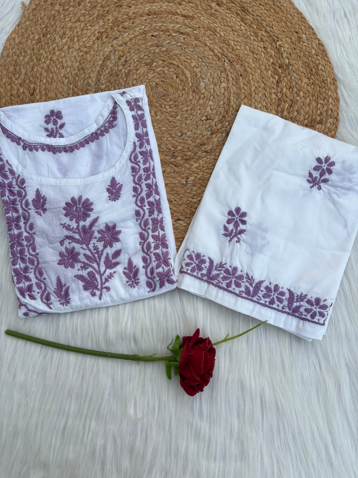 Heer Plus Size Cotton Handwork Chikankari Kurti Set - White Purple