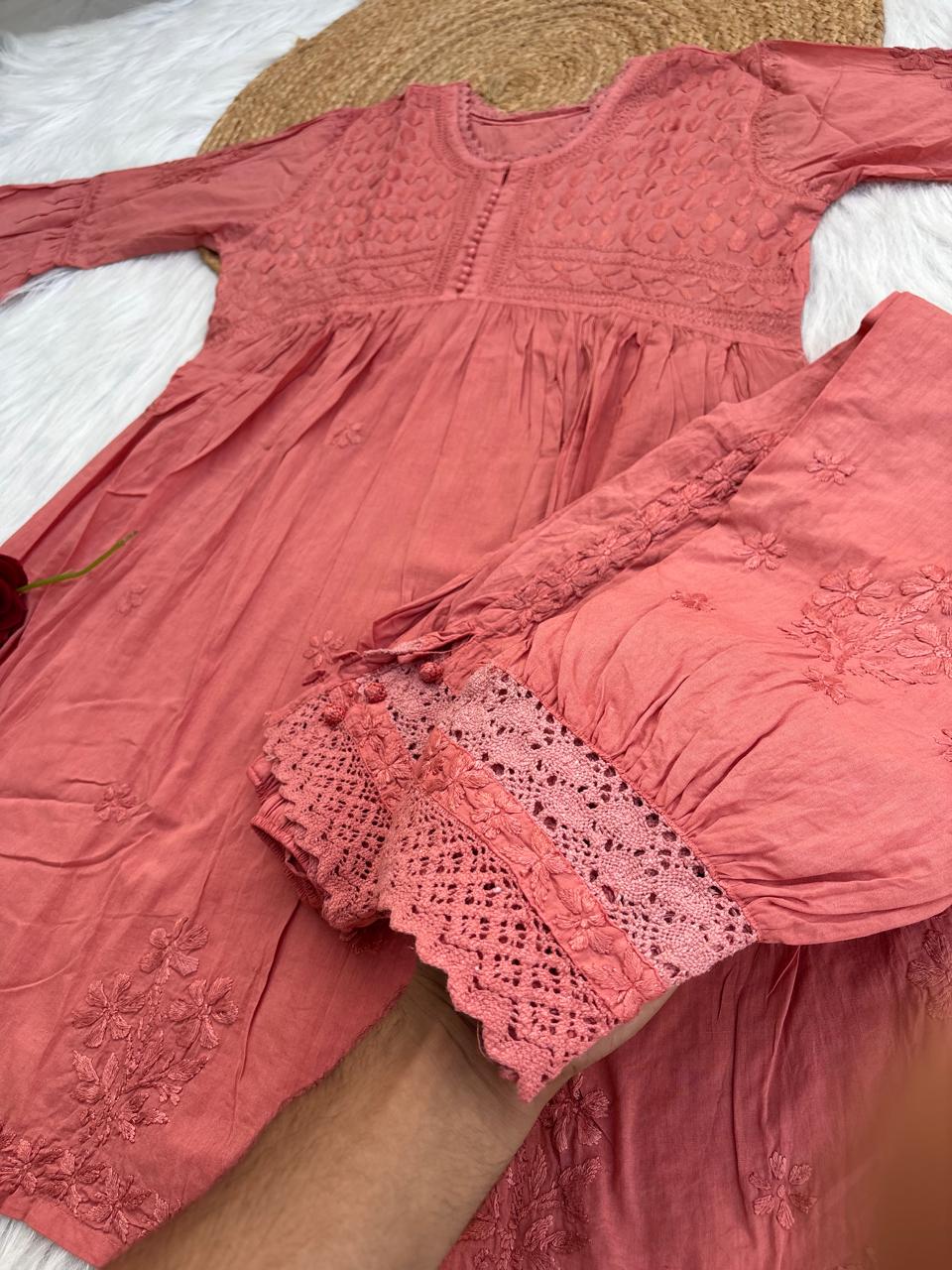 Laila Dobby Cotton Frock Style Short Kurti with Afghani Pant - Peach Color