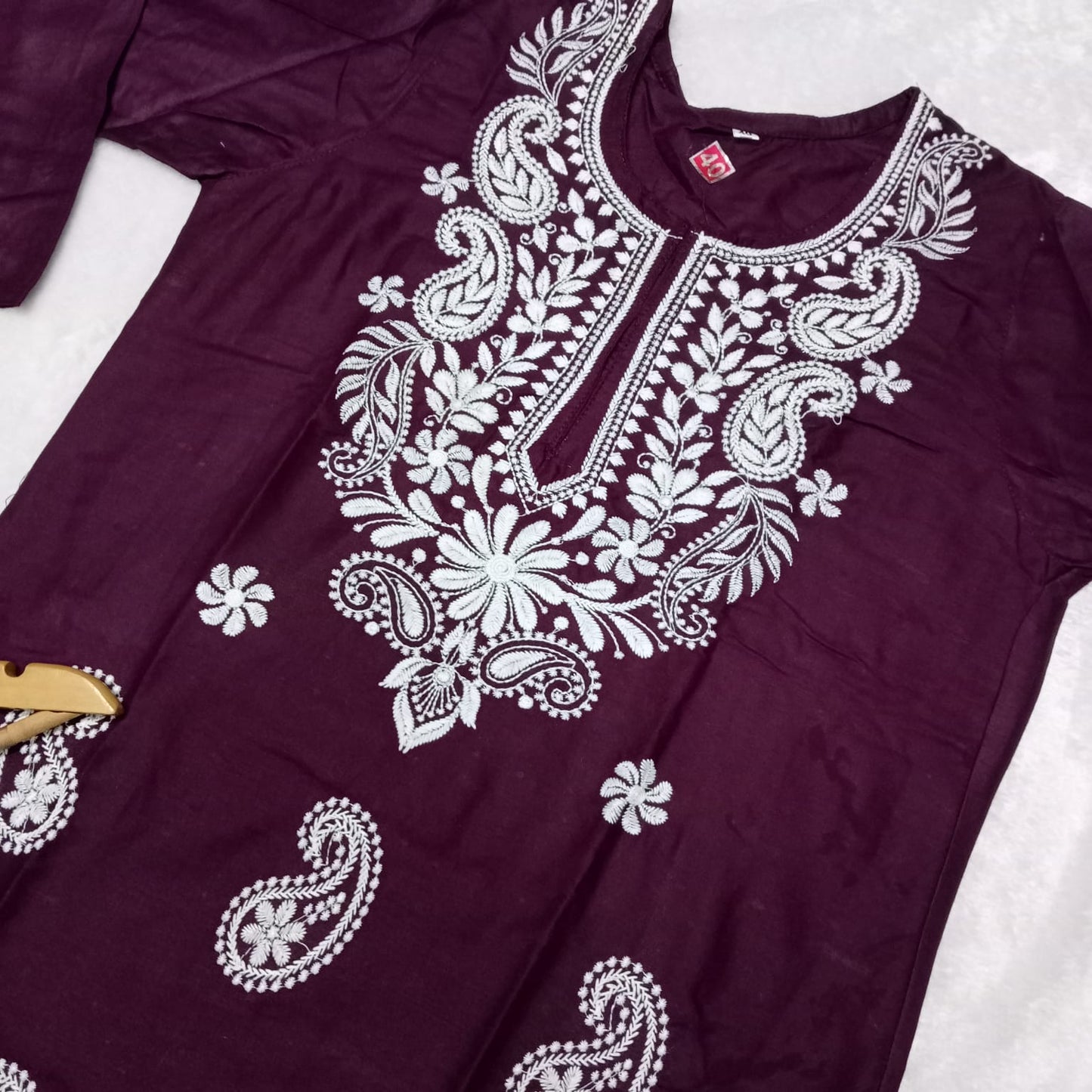 Rayon Chikankari Machine Work  Kurti Plazo Set- Wine Colour