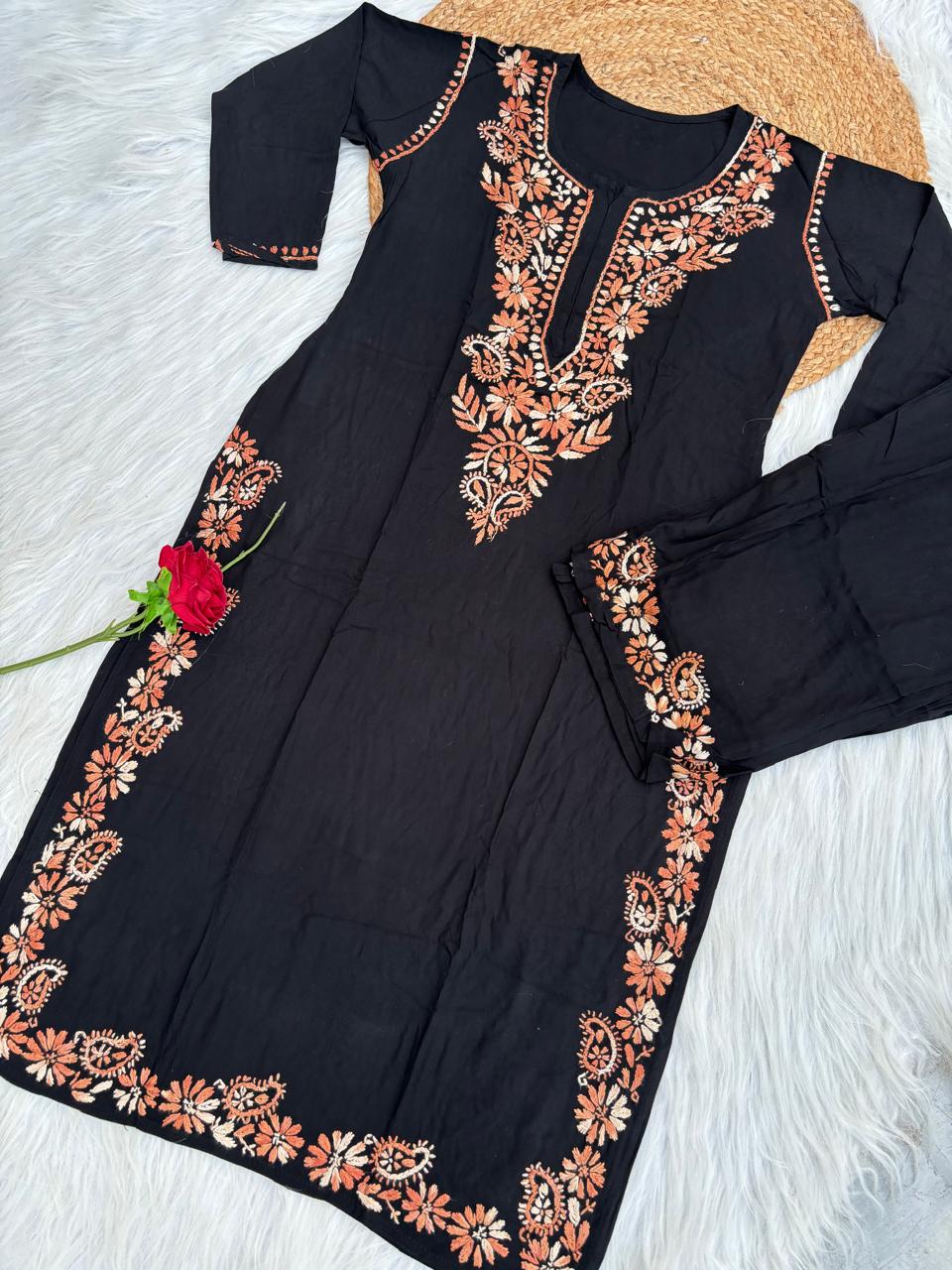 Lubna Rayon Handwork Chikankari Kurti Set- Peach Colour