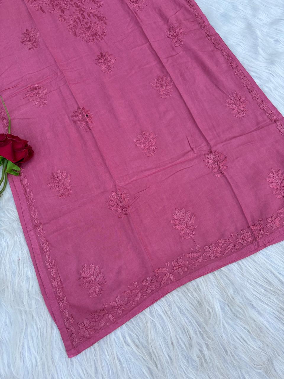 Rabab Dyeable Soft Rayon Handwork Chikankari Kurti - Mauve Pink Colour