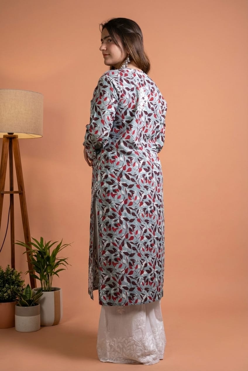 Emaya Pure Mulmul Chikankari  Handwork Kurti - Muted Blue Colour