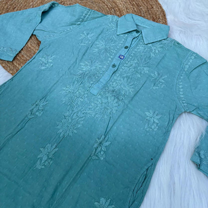 Sadia Dobby Cotton Ombre Shaded Chikankari Kurti with Collar - Rama Green Colour