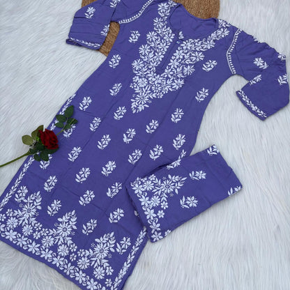 Maya Rayon Chikankari Kurti Plazo Set - Purple Colour