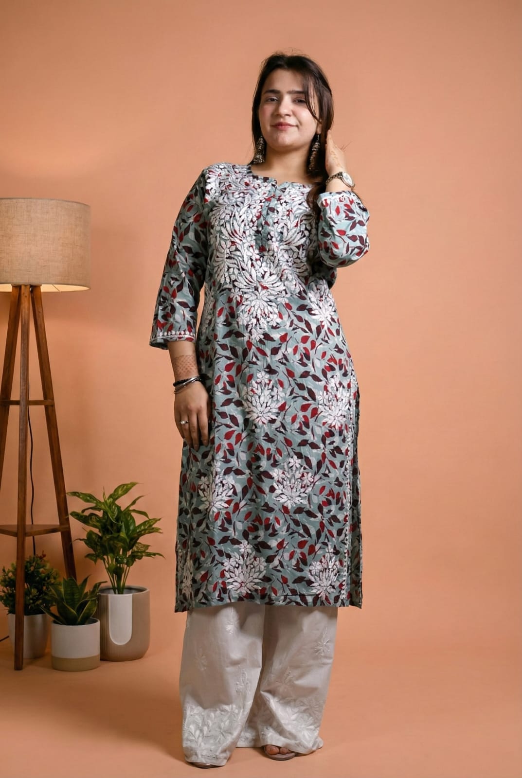 Emaya Pure Mulmul Chikankari  Handwork Kurti - Muted Blue Colour