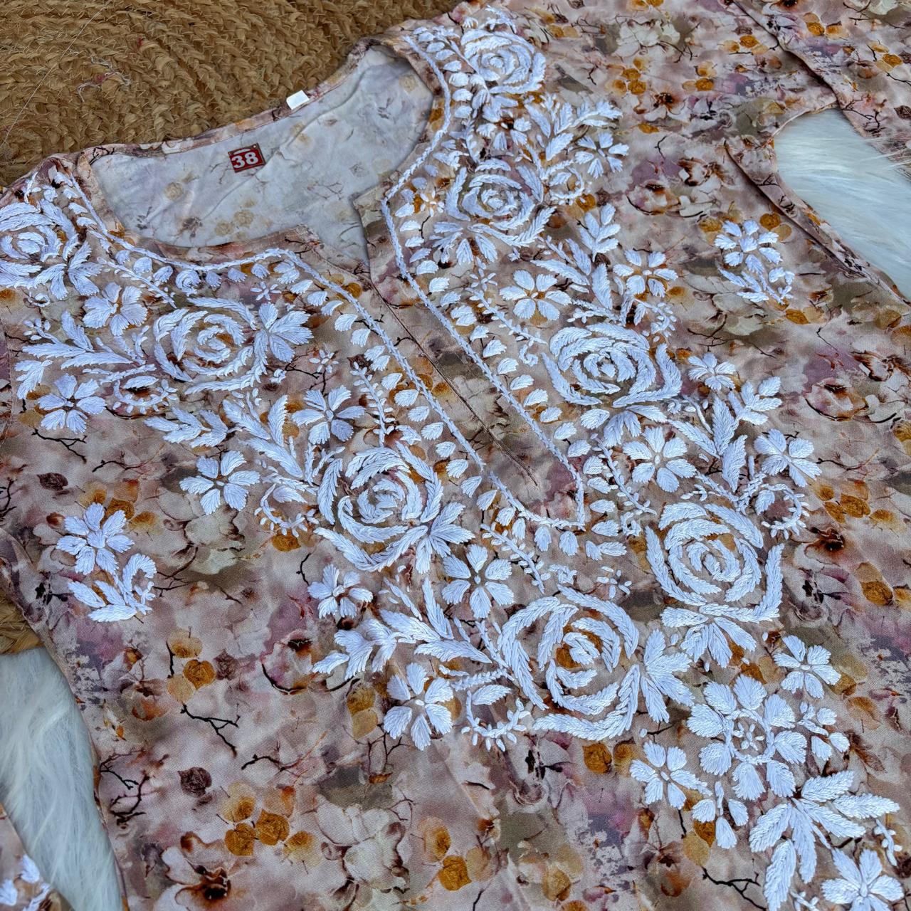 Hina Rayon Rose work Lucknowi Chikankari kurti - Cream Colour