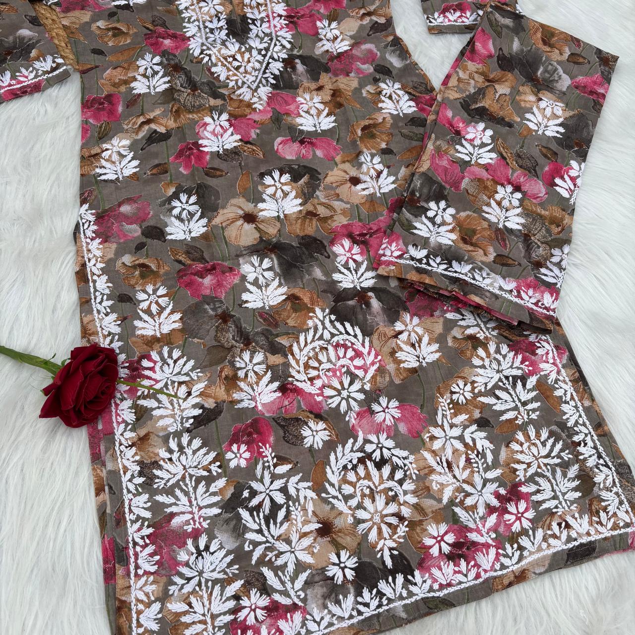 Jameela Mulmul Cotton Chikankari Kurti Set - Muted Brown Colour
