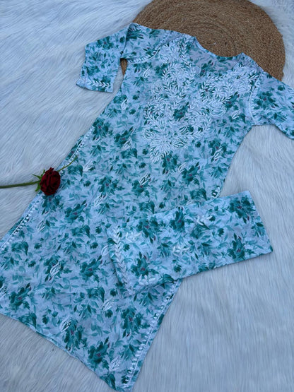 Hadaya Mulmul Cotton Chikankari Kurti Set - Sea Green Colour