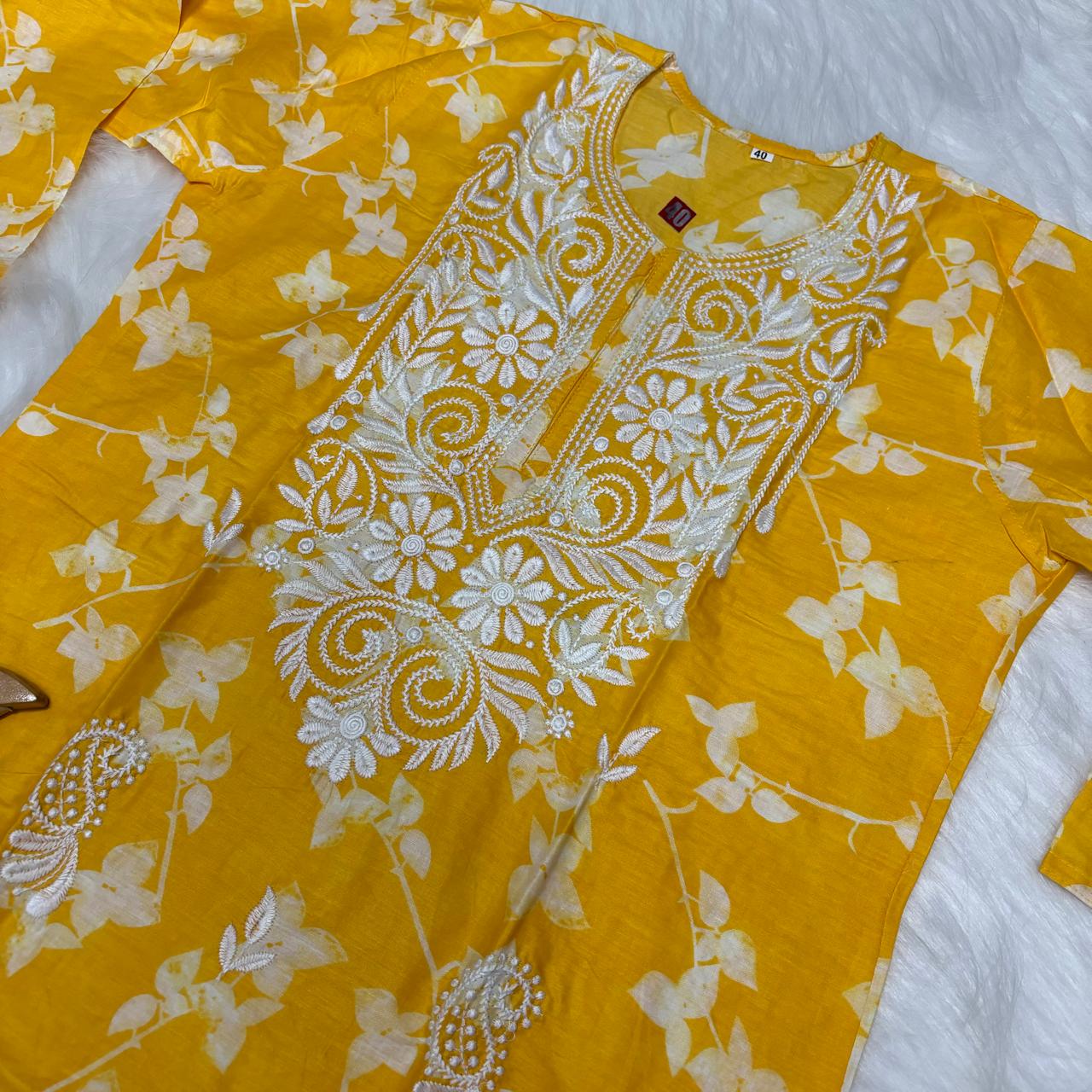 Mulmul Cotton Chikankari Machine Work Kurti - Yellow Colour