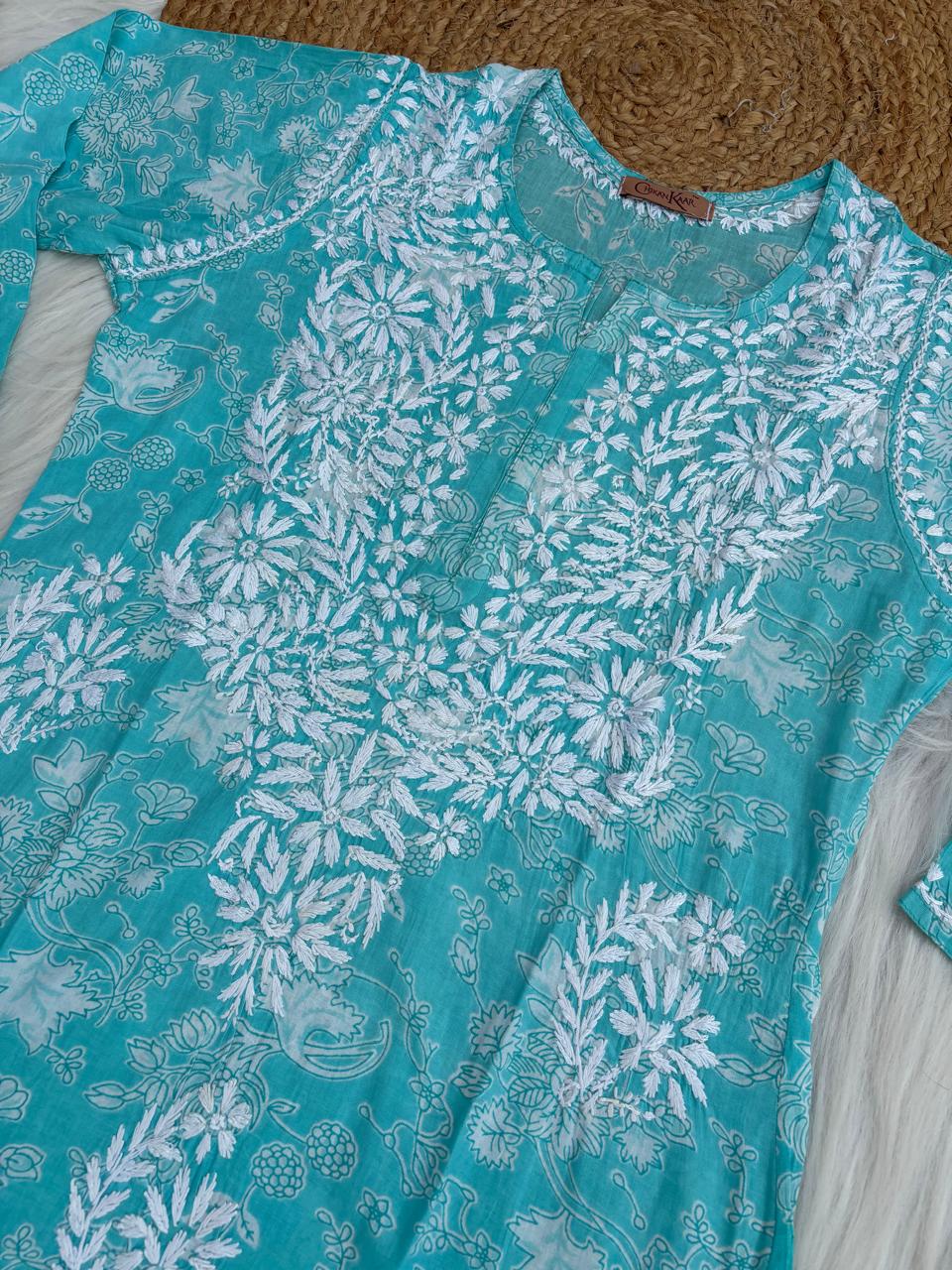Sameera Pure Mulmul Chikankari Handwork Kurti - Blue Colour