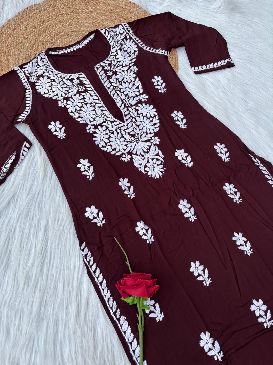 Hiba Soft Rayon Handwork Chikankari Kurti - Brown Colour