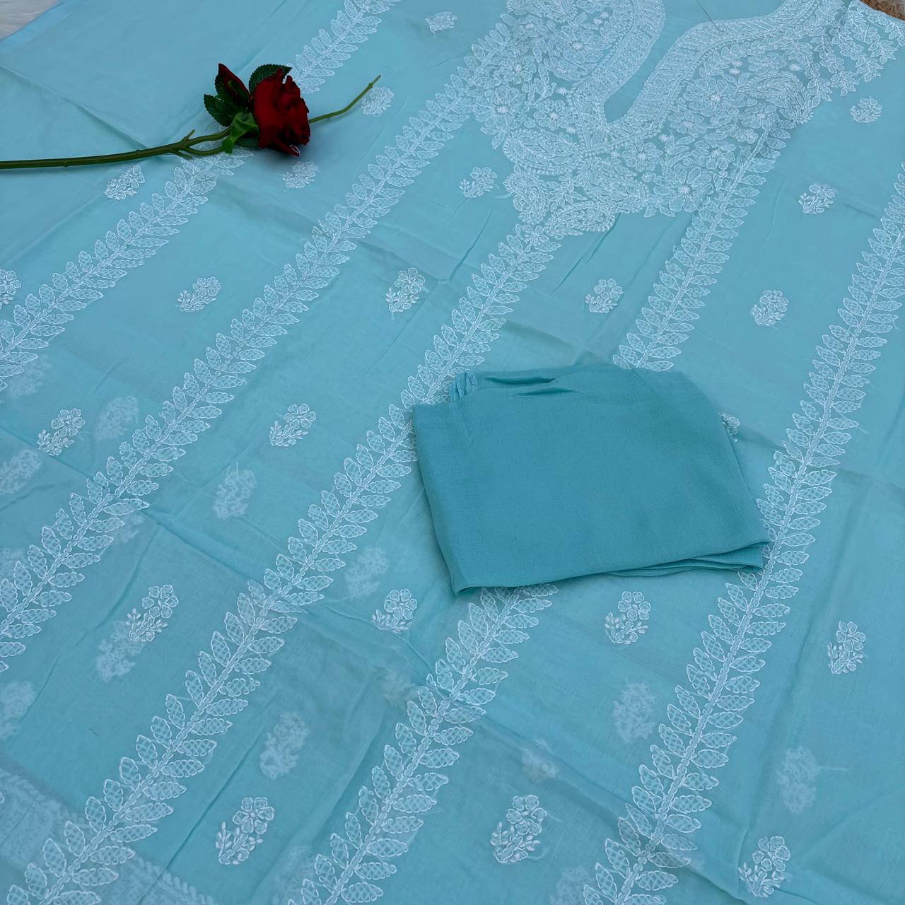 Madhuri Voile Cotton Chikankari Unstitched 3 pc set - Blue Colour