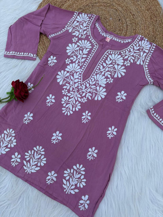 Ina Soft Rayon Handwork Chikankari Short Kurti - Blush Colour