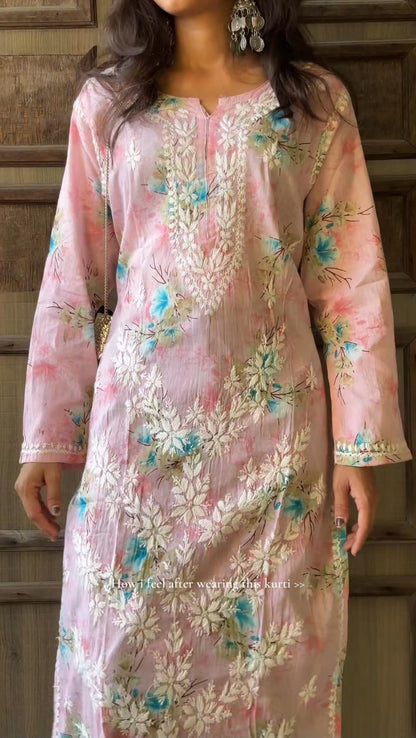 Rasha Pure Mulmul Chikankari Kurti - Pink Color